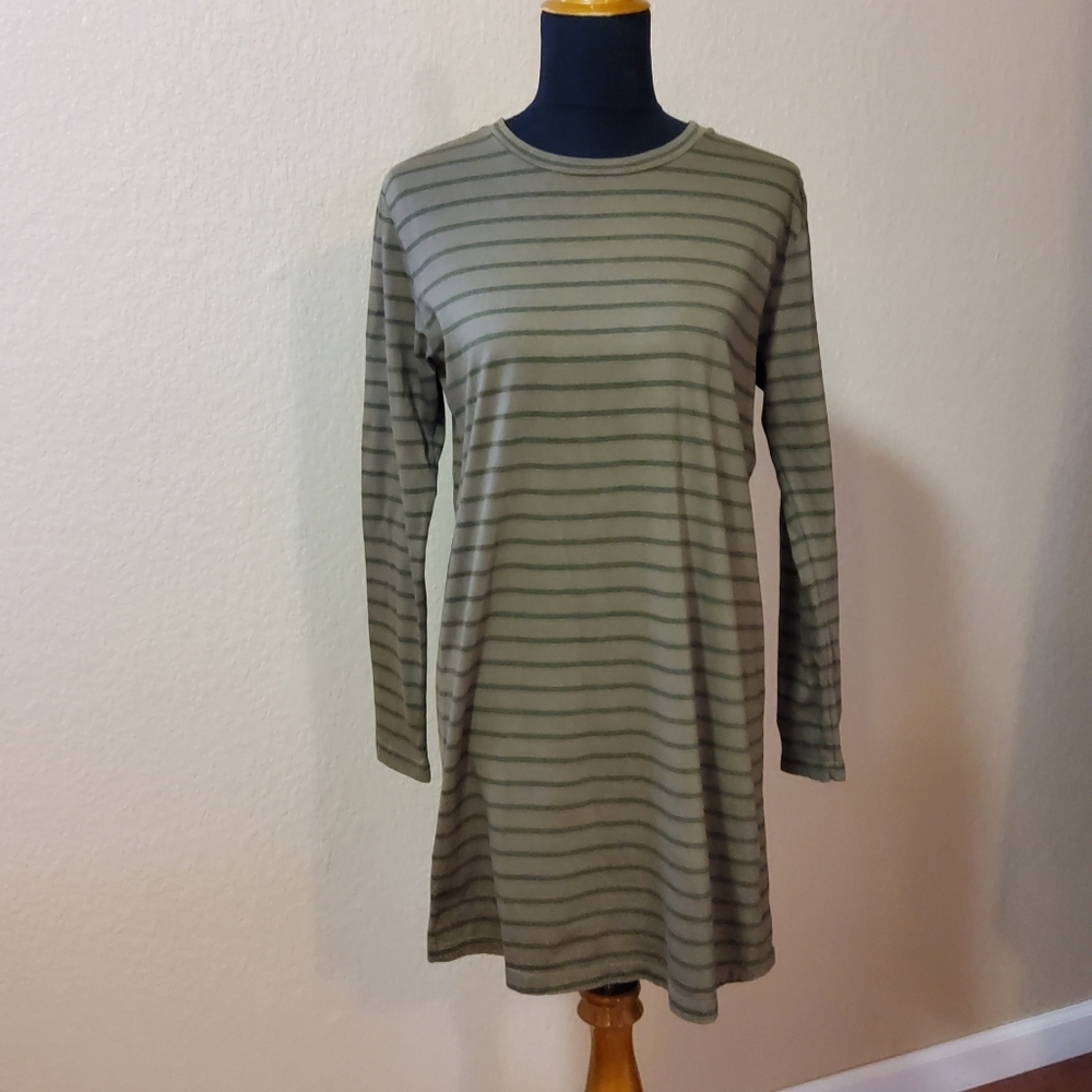 New Current/Elliott Striped Long Jersey Knit Tee T-Shirt Dress Olive Green XS